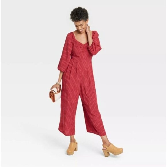 Knox Rose XS Puff 3/4 Sleeve Loose Casual Jumpsuit Straight Fit Red Dot Wide Leg - Picture 1 of 7